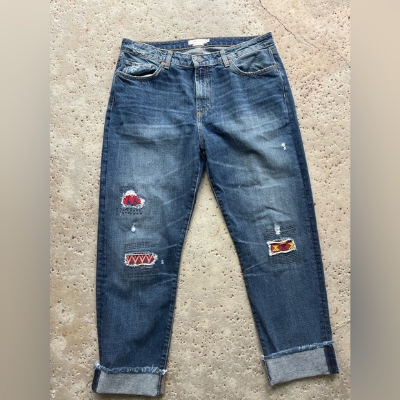 MM Vintage Distressed Boyfriend Jeans Women's 30 Raw Cropped CuffedPatched Denim - Picture 1 of 11